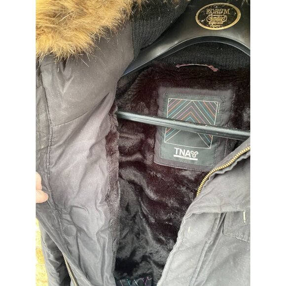TNA Verbier Parka Jacket XS Black Fur Trim Coat - Picture 7 of 7